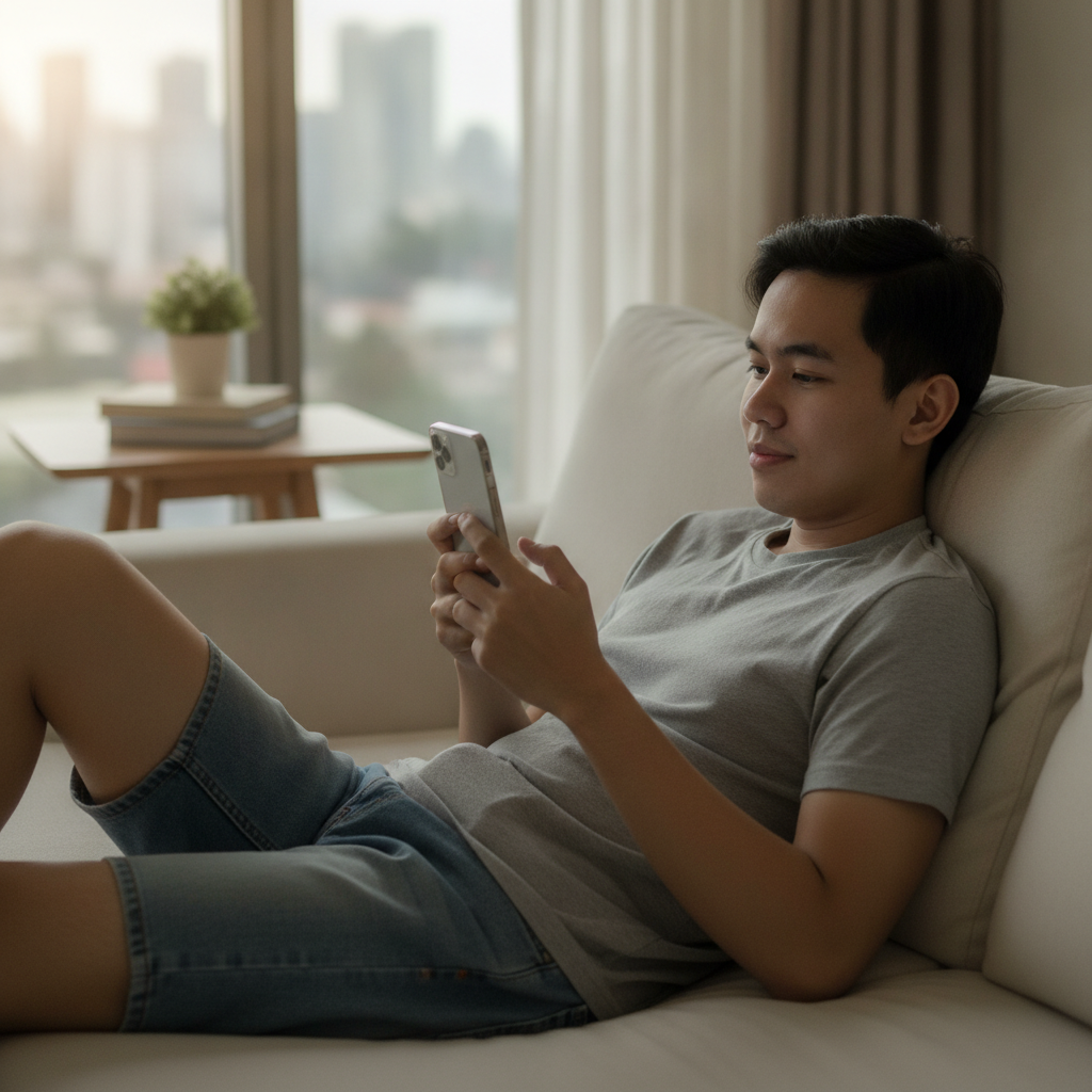 Filipino player using smartphone to access online casino at home